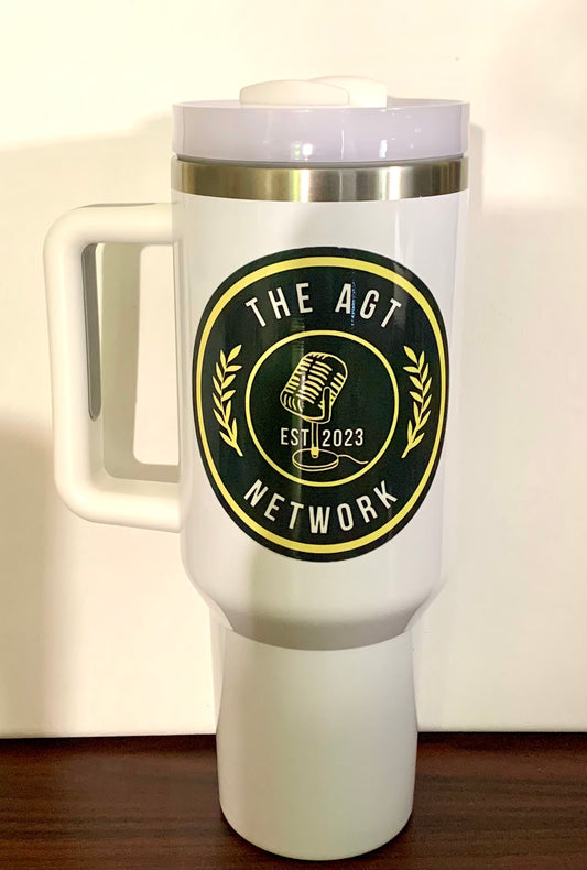 The AGT Network Double Sided Logo 40oz White Stainless Steel Tumbler With Lid