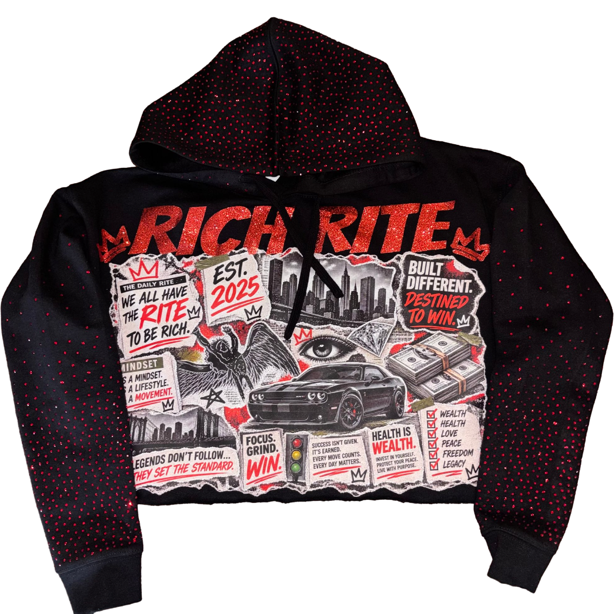 Rich Rite Graphic Rhinestone Cropped Hoodie