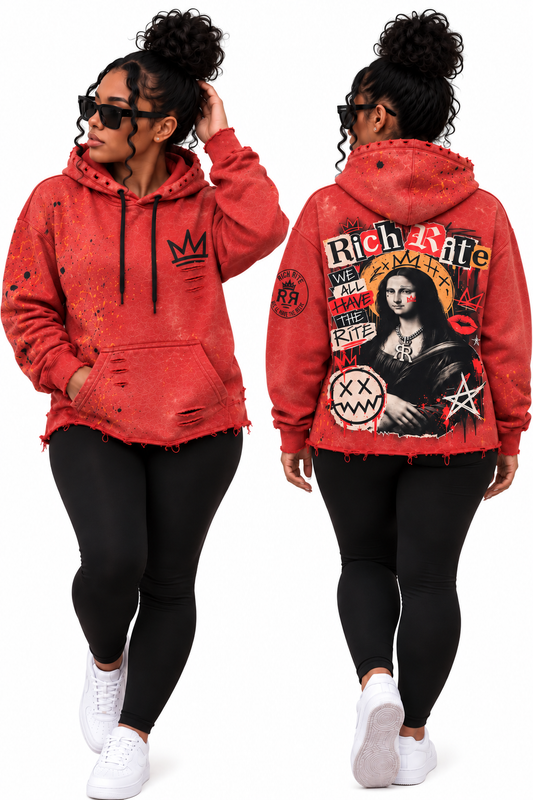 Rich Rite Distressed Paint-Splatter, bleached Front and Back Mona Lisa Unisex Hoodie