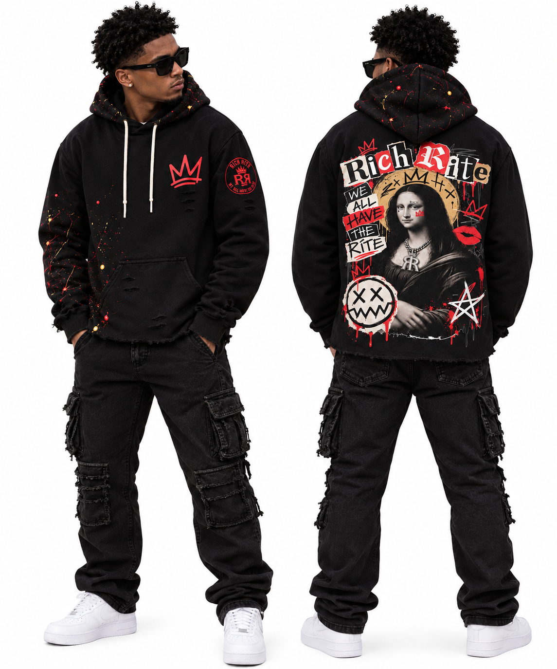 Rich Rite Distressed Paint-Splatter Front and Back Mona Lisa Unisex Hoodie