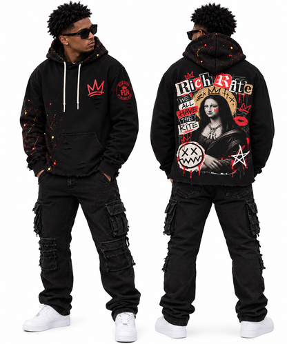 Rich Rite Distressed Paint-Splatter Front and Back Mona Lisa Unisex Hoodie